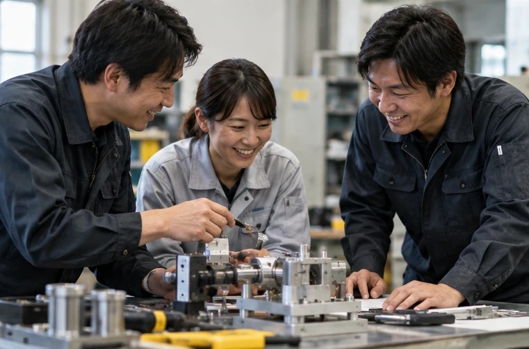 試作品を囲んで工夫を話し合う、ものづくりのAI生成イメージ。実際の社員・顧客ではありません。